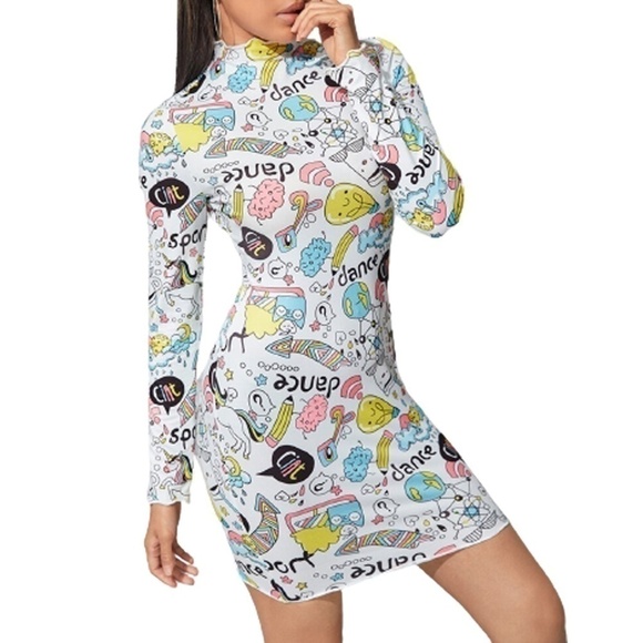 Op Pop Art Scribble Dress Bandaid Bodycon Graphic Cartoon Graffiti Unicorns NIP - Picture 3 of 12